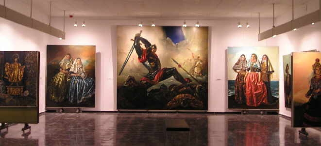 Krekovic, Bildmitte: Balnearischer Steinschleuderer Bild rechts hinten: Trachten von Mallorca, Ibiza und Menorca